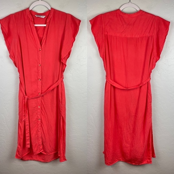 Zara Basic Button Front Shirt Dress With Frill Sleeves and Belt in Coral X-Small - Picture 2 of 7
